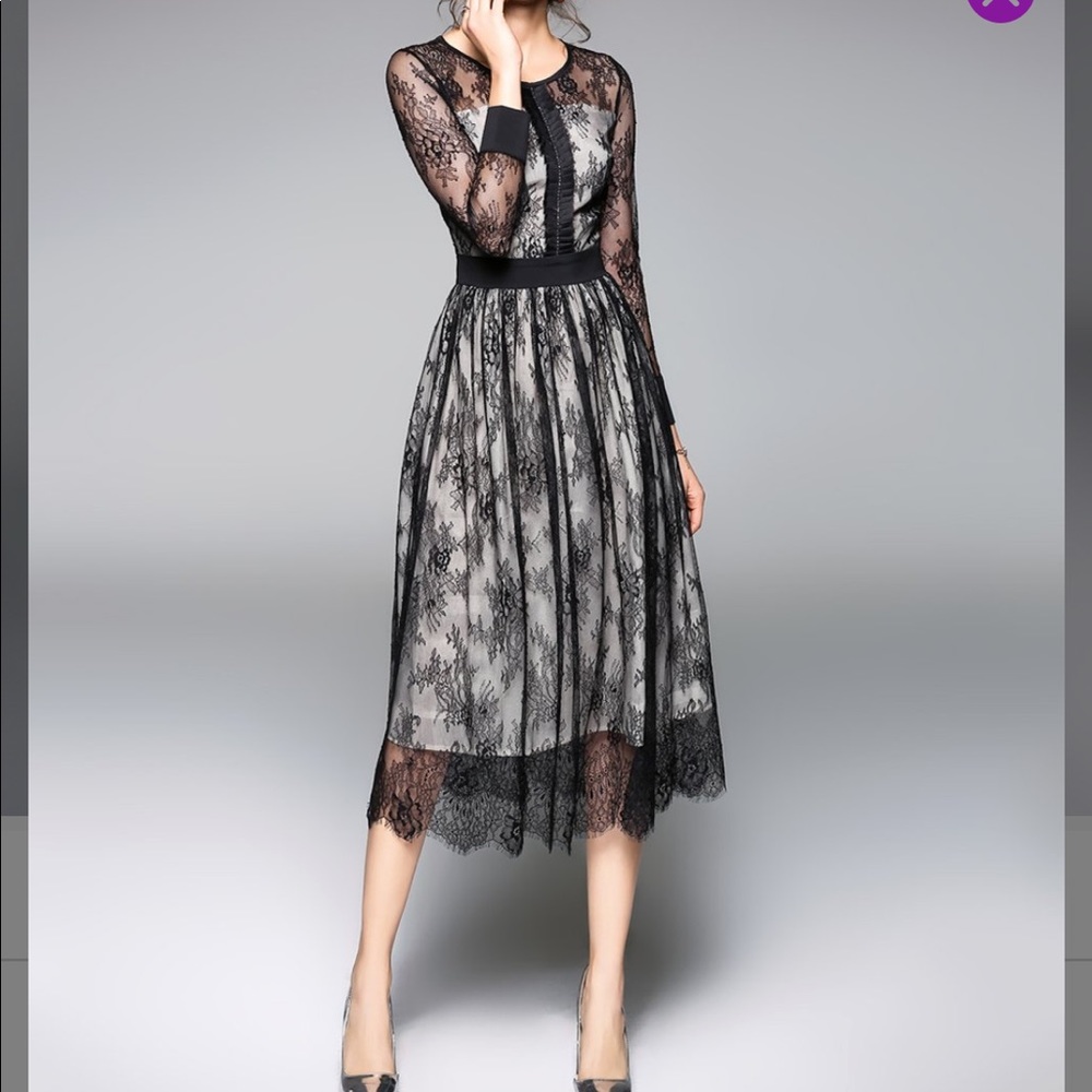 Black Lace Overlay Midi Dress